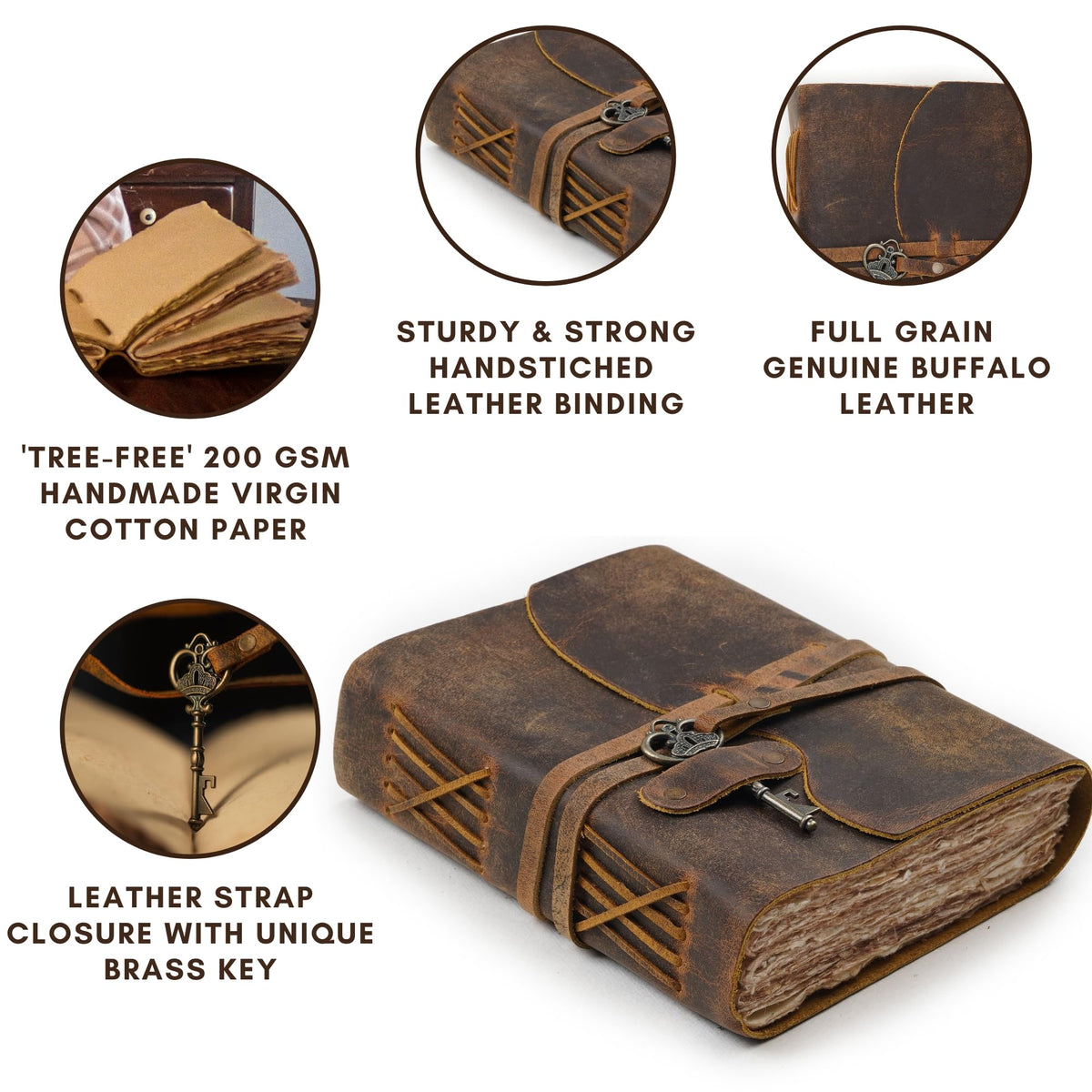 LEATHER VILLAGE Leather Journal Key Lock, Distressed Brown 6x4.