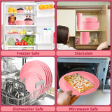 Gudvilla Pink Dinnerware Sets for 8,Pink Plates and Bowls Sets Plastic,Wheat Straw Dinnerware Sets Unbreakable Microwave Safe Lightweight,32 Pcs Christmas Dishes Set for Kids Elderly Kitchen Outdoor