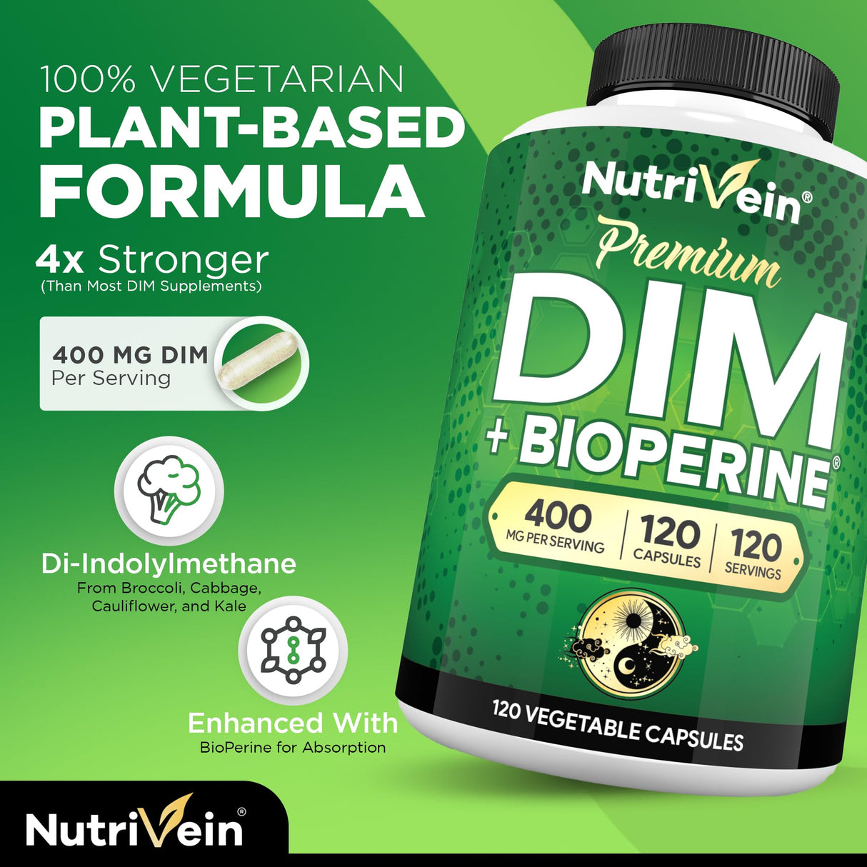 Nutrivein Premium DIM Supplement 400 mg Daily - 120 Servings (120 Capsules): Diindolylmethane for Women and Men - Plus Bioperine - Estrogen Supplement - Menopause and Middle Age Support