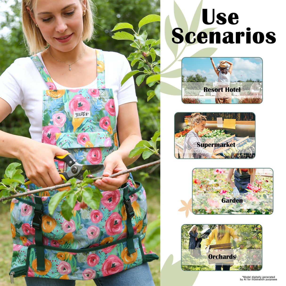 JLDTOP Garden Harvest Apron for Women, Fruit Picking Apron with Quick Release Bottom, Adjustable Cross Back Tool Apron with Pockets, Gardening Gift for Plant Lovers & Gardeners (Green Floral)