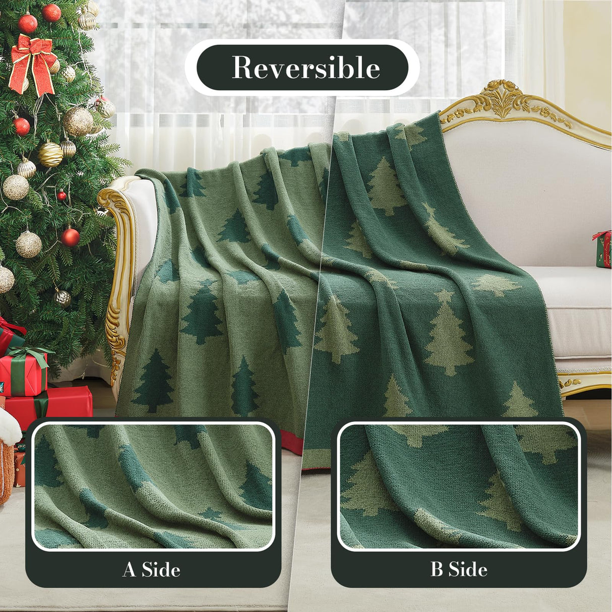 Amélie Home Christmas Knit Throw for Couch, Reversible Soft Cozy Chenille Blanket for Home Decor Gift for Family, 50" x 60", Green Christmas Tree