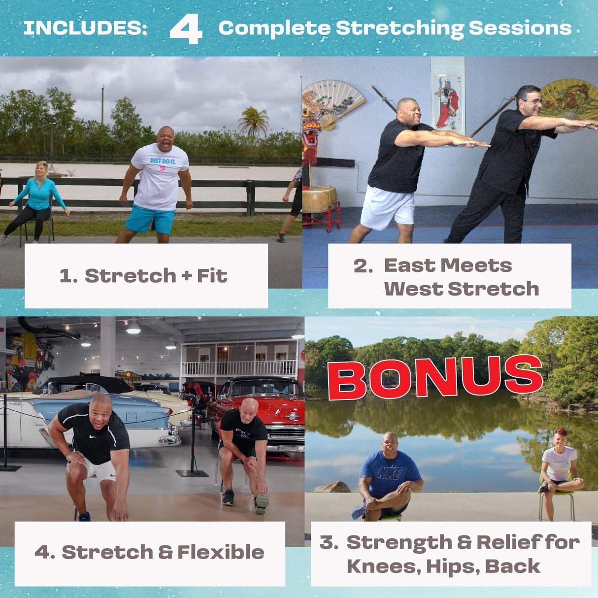 STRETCHING EXERCISES FOR SENIORS DVD- 4 Sessions. Increase Flexibility& Relieve Pain. Stretch yourself healthy! Stretching for seniors & beginners. Replace chair yoga for seniors over 60 dvd yoga dvd.