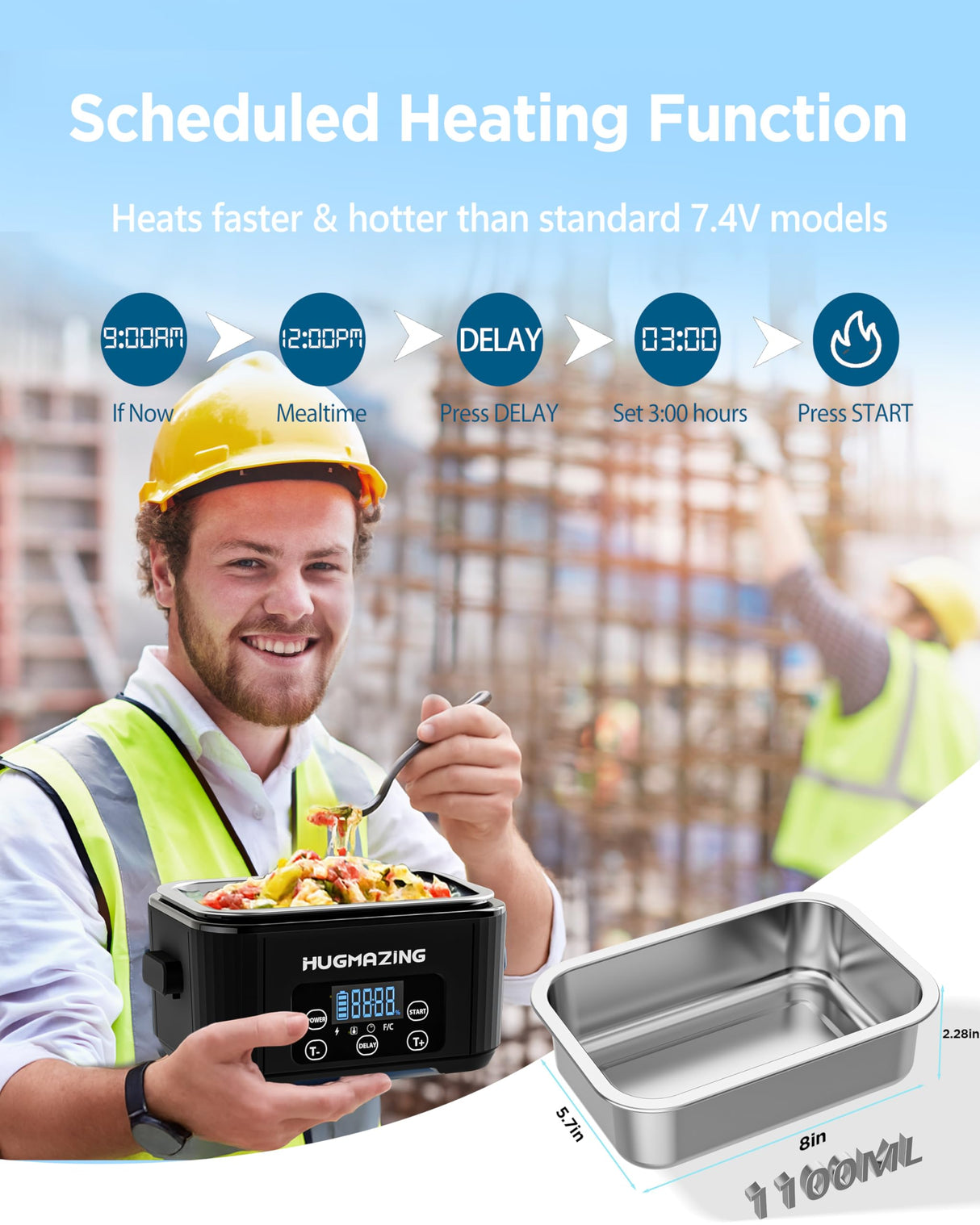 Hugmazing Cordless Electric Lunch Box – Rechargeable Self-Heating Food Warmer with 1100ML SS Container, Battery-Powered Heated Lunch Box, Perfect for Travel, Office Meals for Adults, Men & Women