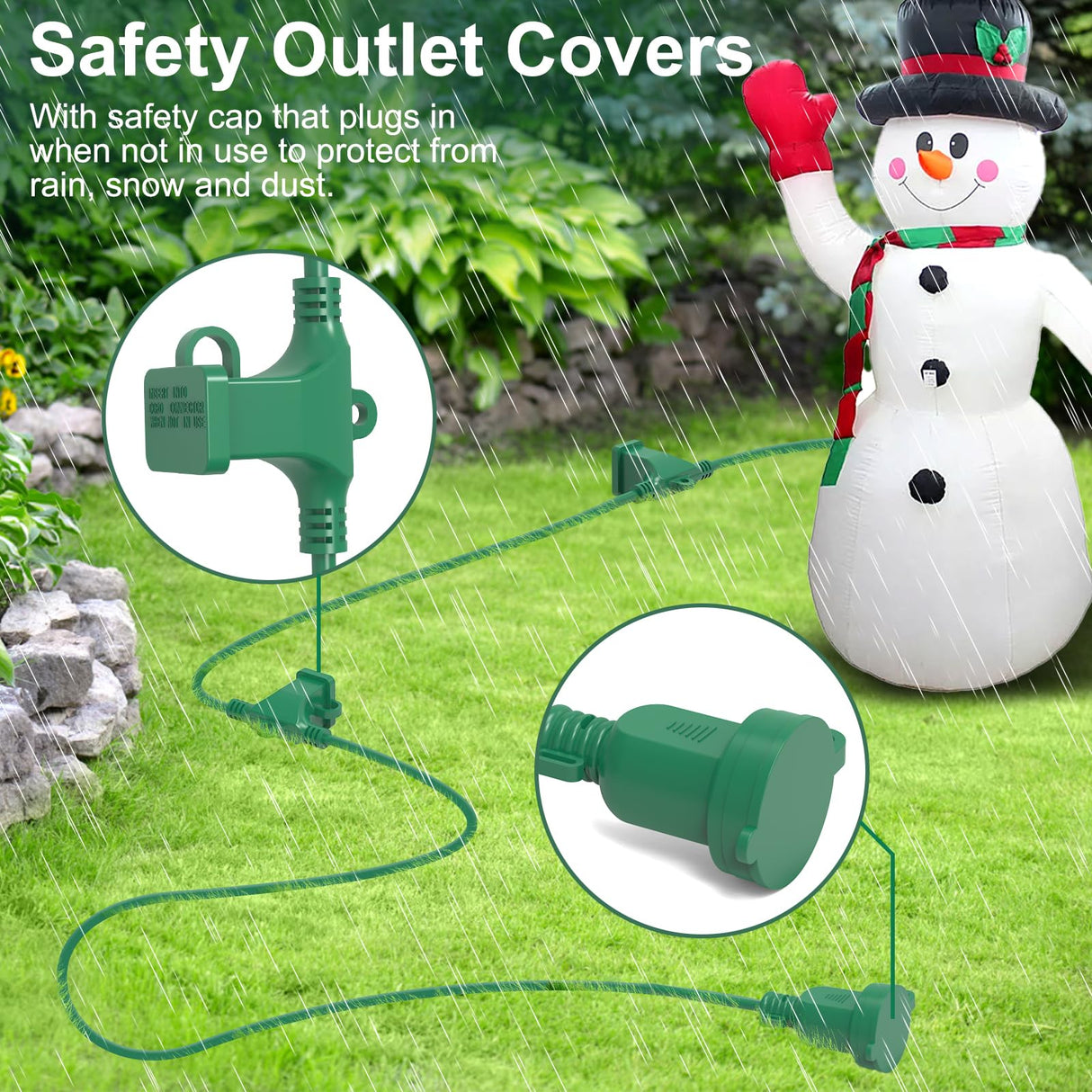50FT Long Green Extension Cord 3 Outlets for Christmas Inflatables Blow Ups Yard Outdoor Outside Decorations Extension Cords with Multiple Outlets Plugs Cover Splitter Waterproof for Christmas Lights