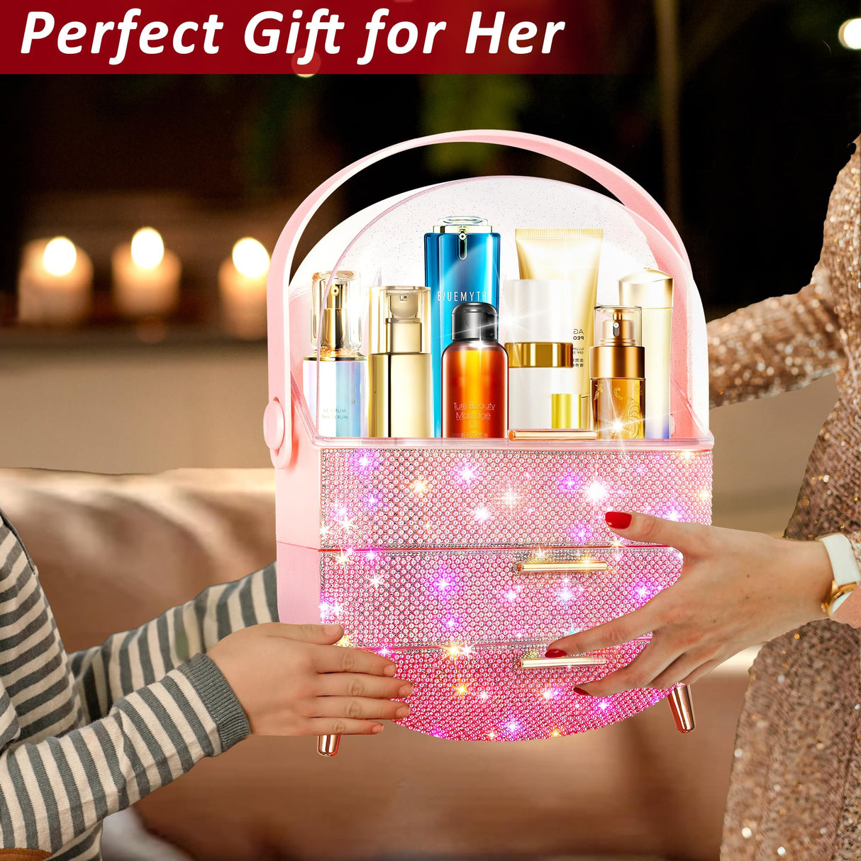 Bling Makeup Organizer for Teen Girl Gift,Hollywood Vanity Makeup Storage Box for Girl Birthday Gift,Practical Gift for Daughter,Bathroom Organizer,Skincare Organizer (Triple Pink)