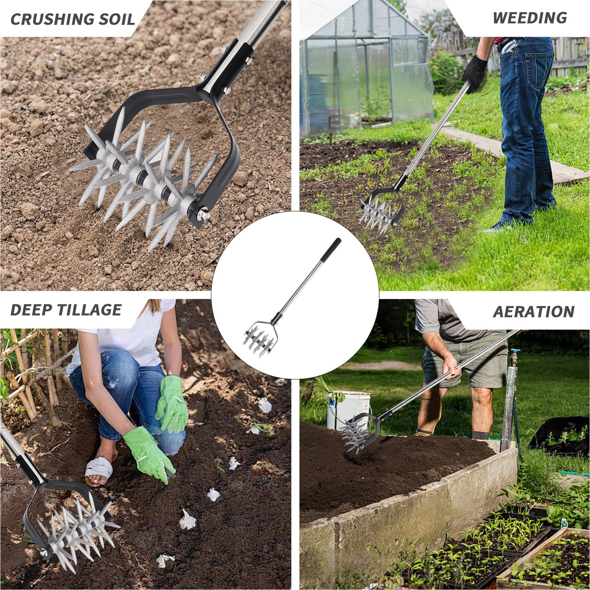 BARAYSTUS Rotary Cultivator Garden Tool, Adjustable Hand Tiller, Long Handle Cultivator for Aerating, Planting and Mixing Soil or Reseeding Grass
