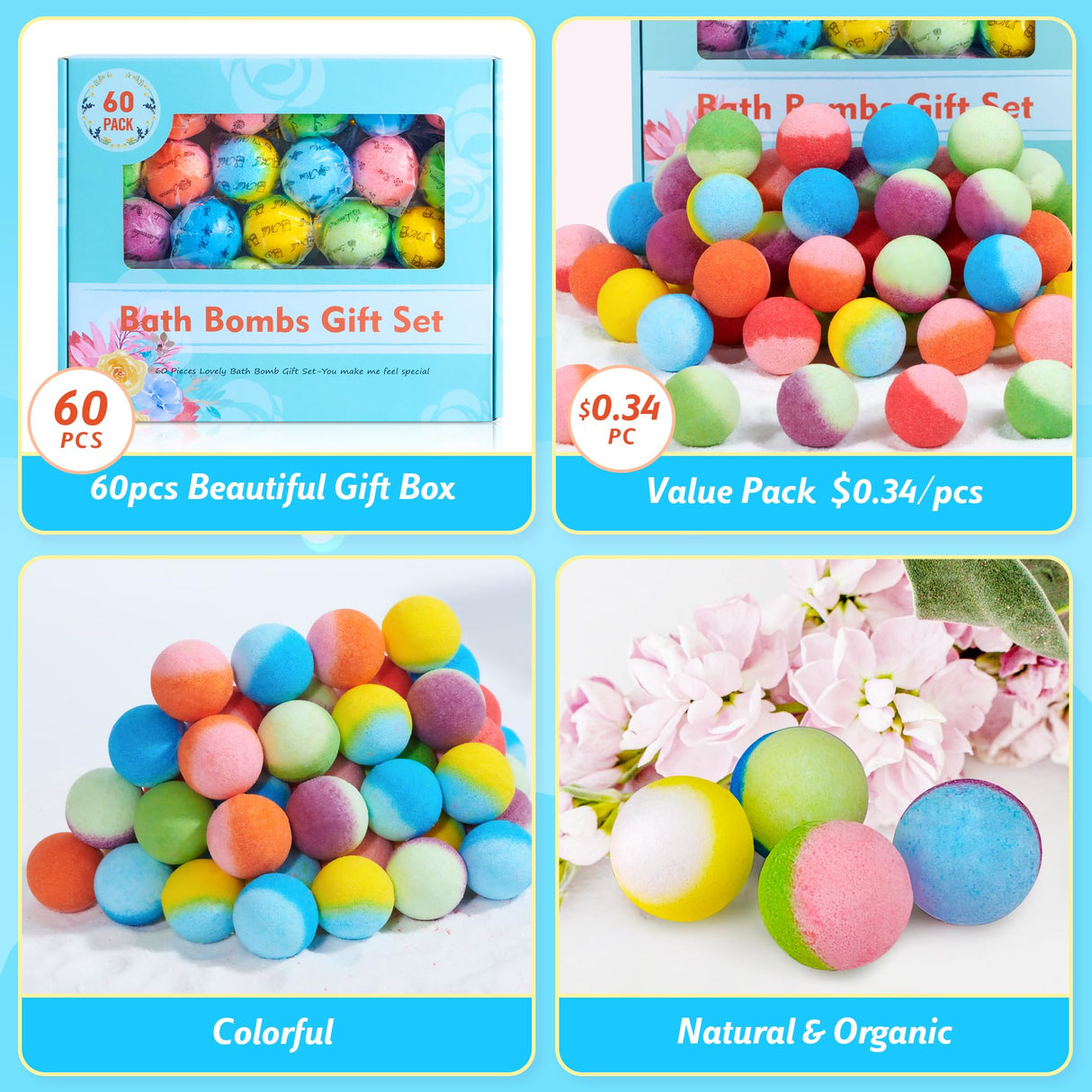 60 Pcs Bath Bombs Set - Massive Quantity Natural Bath Bombs for Kids/Women/Men Individually Wrapped Handmade Organic Bath Supplies Relaxing Kit - for Birthday, Christmas, Mother's Day