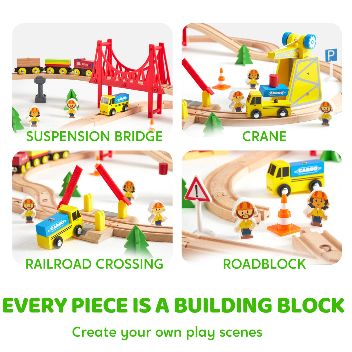 60PCS Wooden Train Set - Toy Magnetic Trains with Wooden Track Set for Kids Ages 3-8, Construction Crane Railway Set, Perfect Christmas Birthday Gift for Grandkids Toddlers Boys Girls
