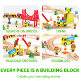 60PCS Wooden Train Set - Toy Magnetic Trains with Wooden Track Set for Kids Ages 3-8, Construction Crane Railway Set, Perfect Christmas Birthday Gift for Grandkids Toddlers Boys Girls
