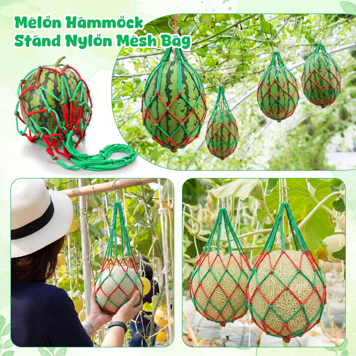 Irenare 15 Pack Melon Hammocks Cradles with S Hanging Hooks Heavy Duty Watermelon Hammock Net to Prevent Falling for Growing Cantaloupe Pumpkin Watermelon in Vertical Garden (Red,Green)