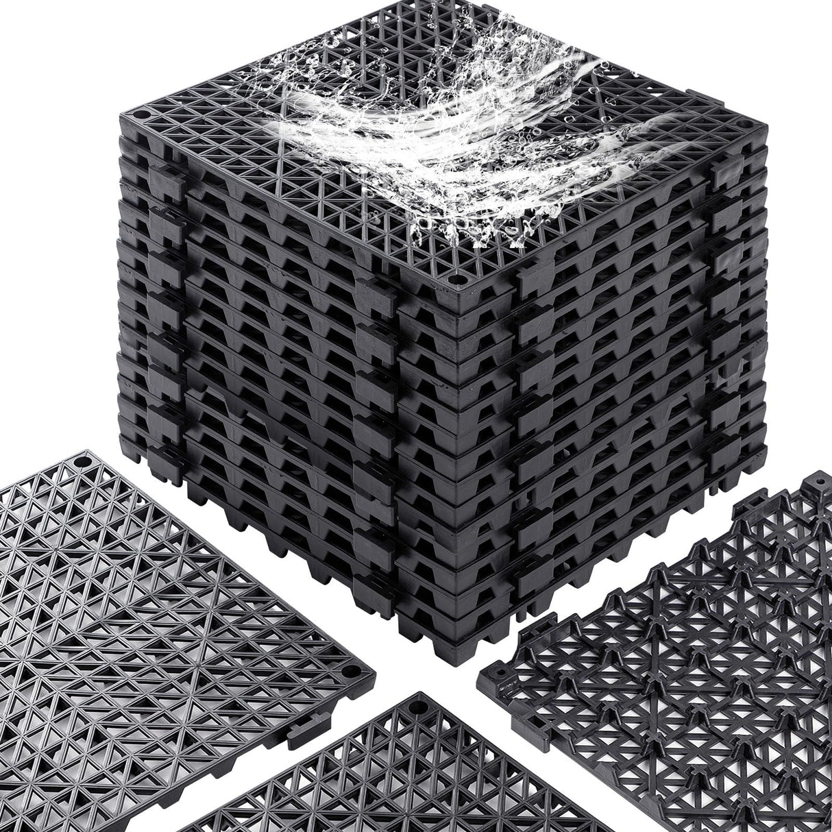12” x 12” Drainage Interlocking Floor Tiles, 12 Pack Non-Slip Pool Deck Drain Mats for Flooring, Soft PVC Splicing Modular Cushion Mats, Rubber Floor Tiles with Holes for Shower Basement Garage Shed