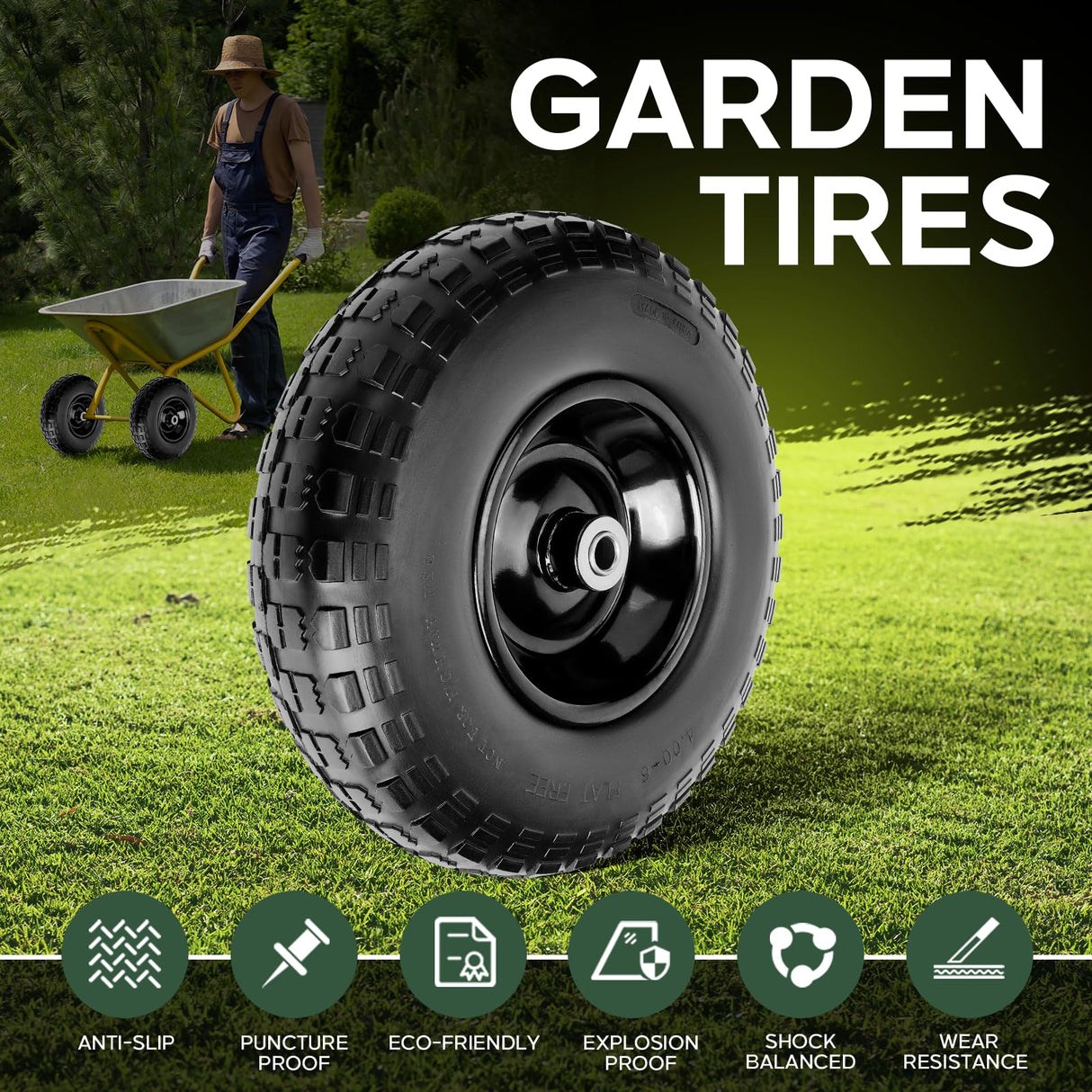 Taifa 1 PC 13 Inch Rubber Solid Flat Free Replacement Tires and Wheels 4.00-6 with 5/8'' Axle Bore Hole, Air Less Wheel for Wheelbarrow/Wagon/Hand Truck/Trolley/Garden Scooter etc.