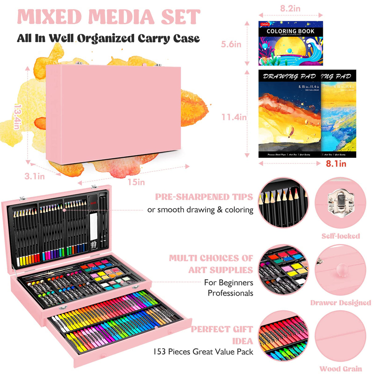 Caliart Art Supplies, 153-Pack Deluxe Art Set in Wooden Case, Crafts Drawing Painting Kits with 2 A4 Sketch Pads, Coloring Book, Stocking Stuffers Christmas Gifts for Teens Girls Kids Artists