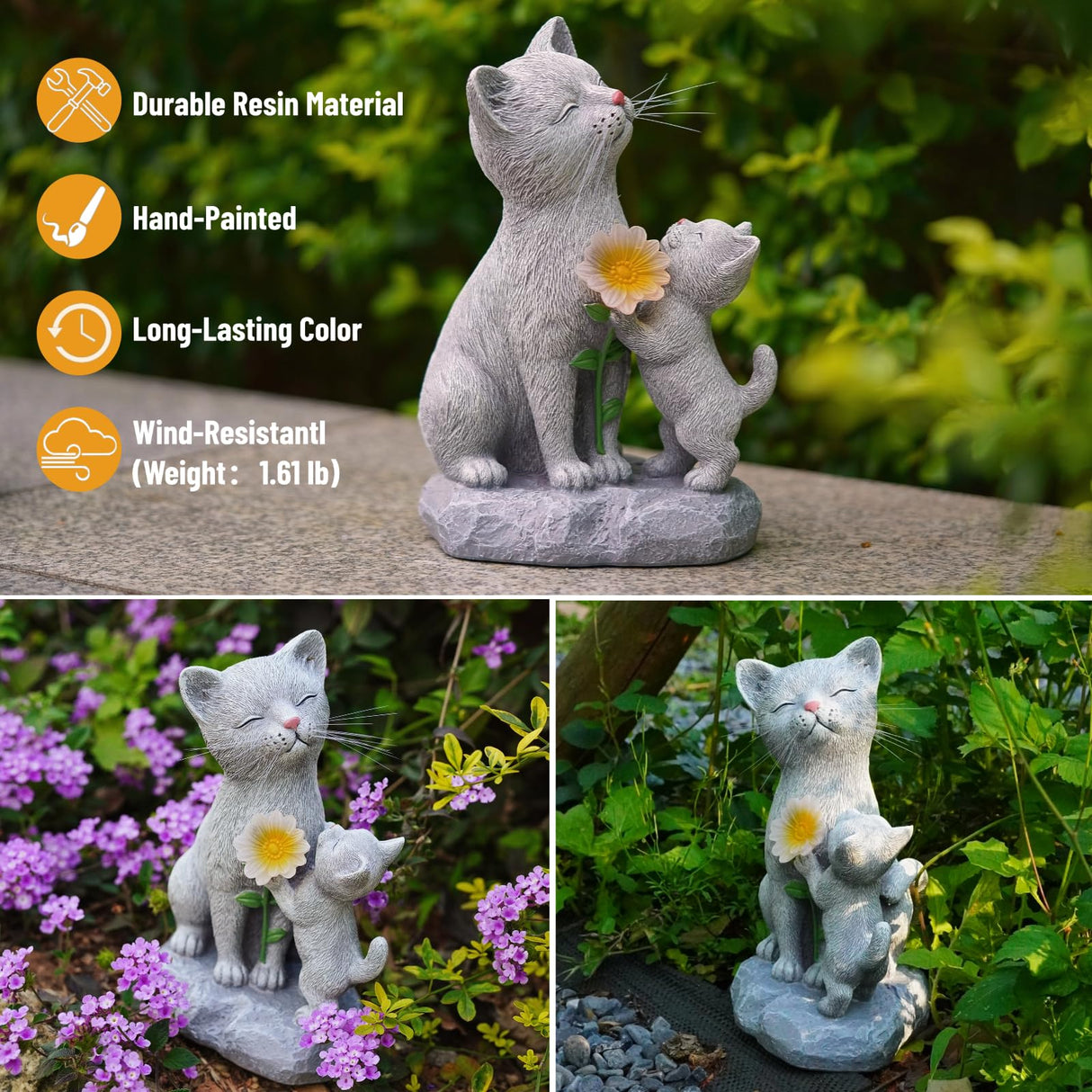 QZFFZQ Solar Cat Garden Statue Outdoor Decor - Mother & Kitten Figurines with Flower LED Light, Outside Yard Art Patio Balcony Lawn Ornament, Unique Gifts for Cat Lover