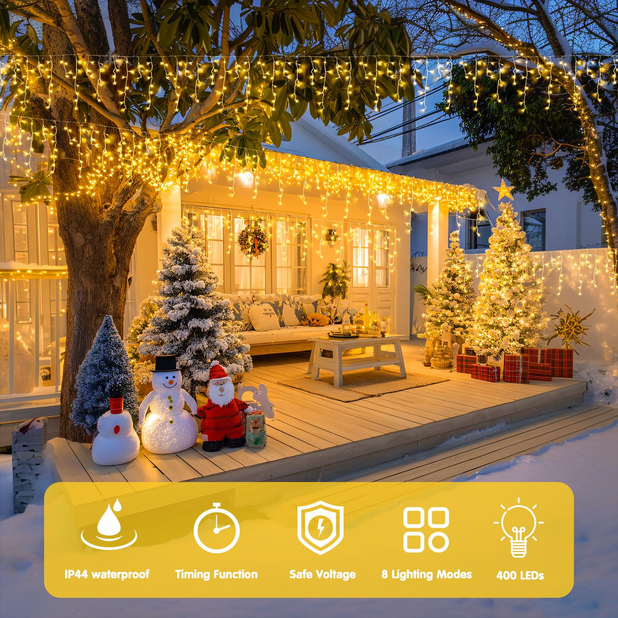 JMEXSUSS 38.8FT Icicle Lights for Outside, 400 LED Icicle Christmas Light Outdoor Indoor Plug in, Warm White String Lights for Christmas House Patio Party Fireplace Holiday Decorations