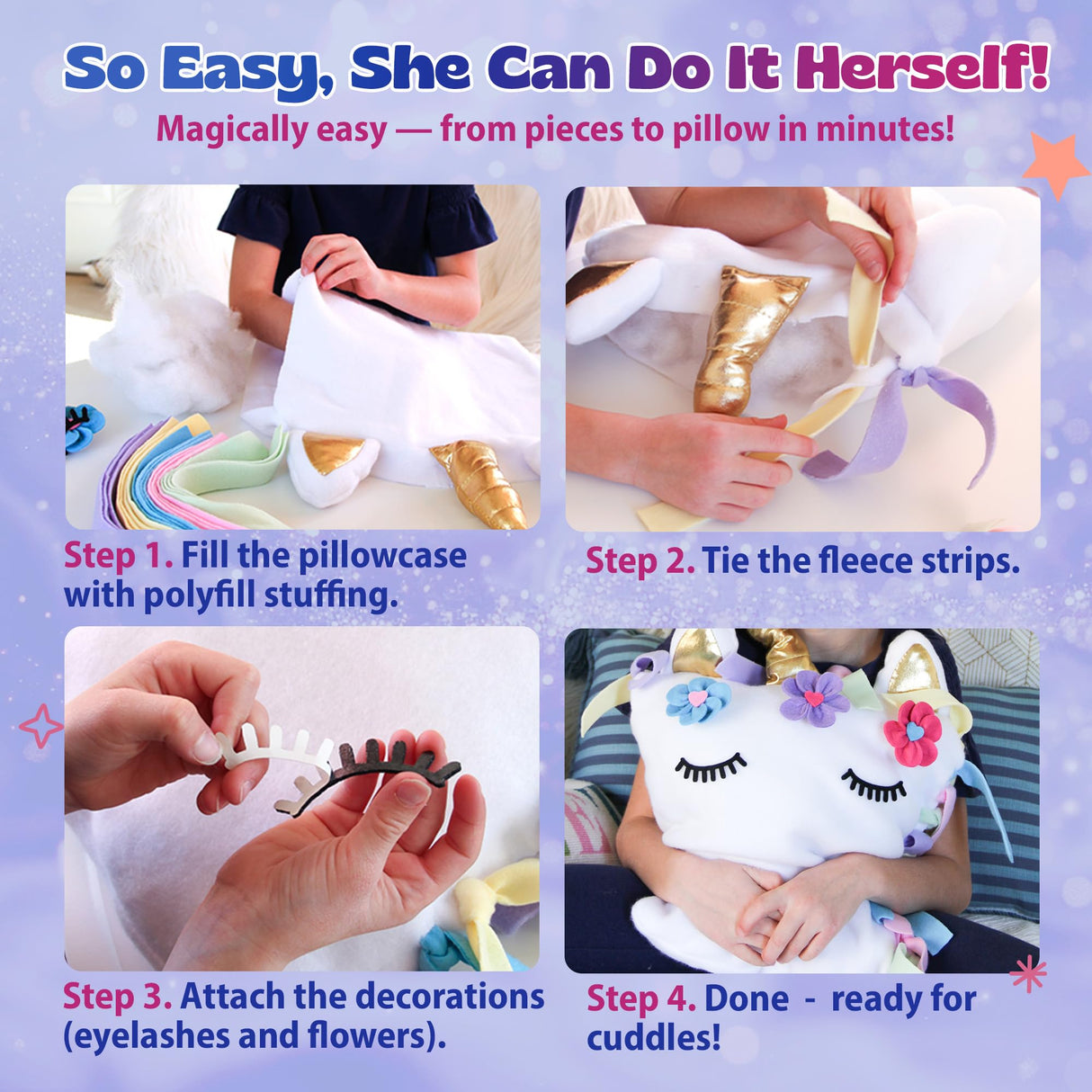 Pinwheel Crafts White Unicorn Pillow Kit Ages 8–12 | Beginner Sewing kit for Kids with Felt Unicorn Pieces, Thread, Needle & Stuffing | DIY Kids Sewing Craft for Creative Girls & Boys