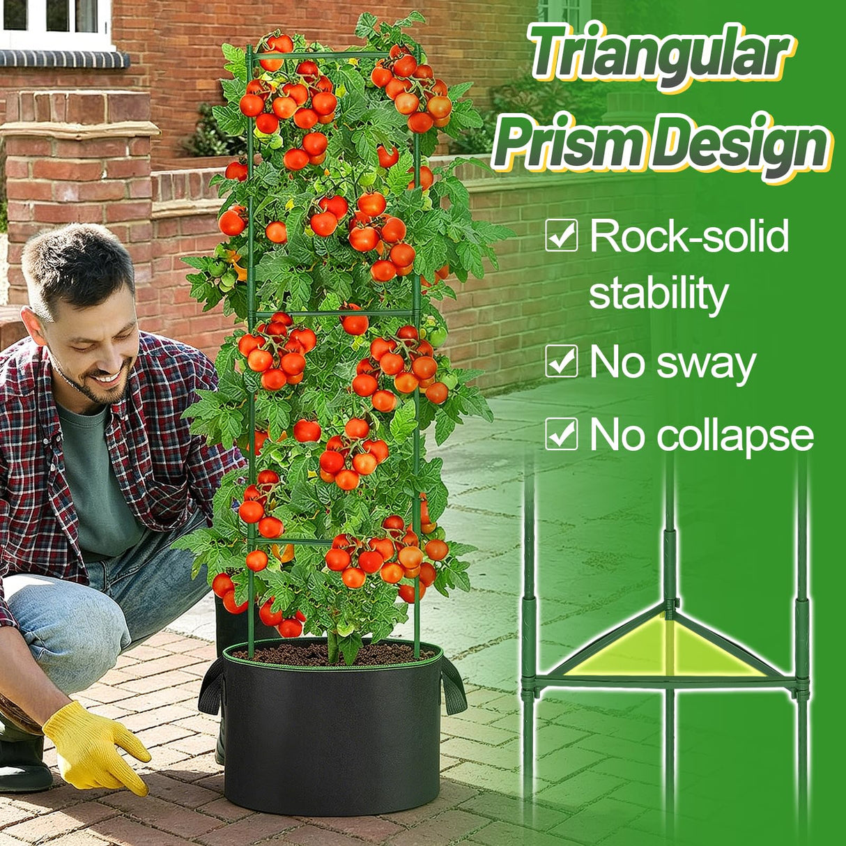 ANPHSIN Sturdy Triangle Tomato Cage with Movable 10 Gal Grow Bags, 3 Sets