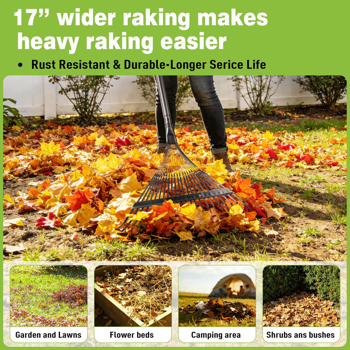 Altdorff Garden Leaf rake, 6FT Rake for Lawns Lightweight 22 Metal Tines 16.3 inch Wide, Adjustable Steel Handle, Rakes for Leaves, Gathering Shrub, Grass, Weeds, Debris,Yard
