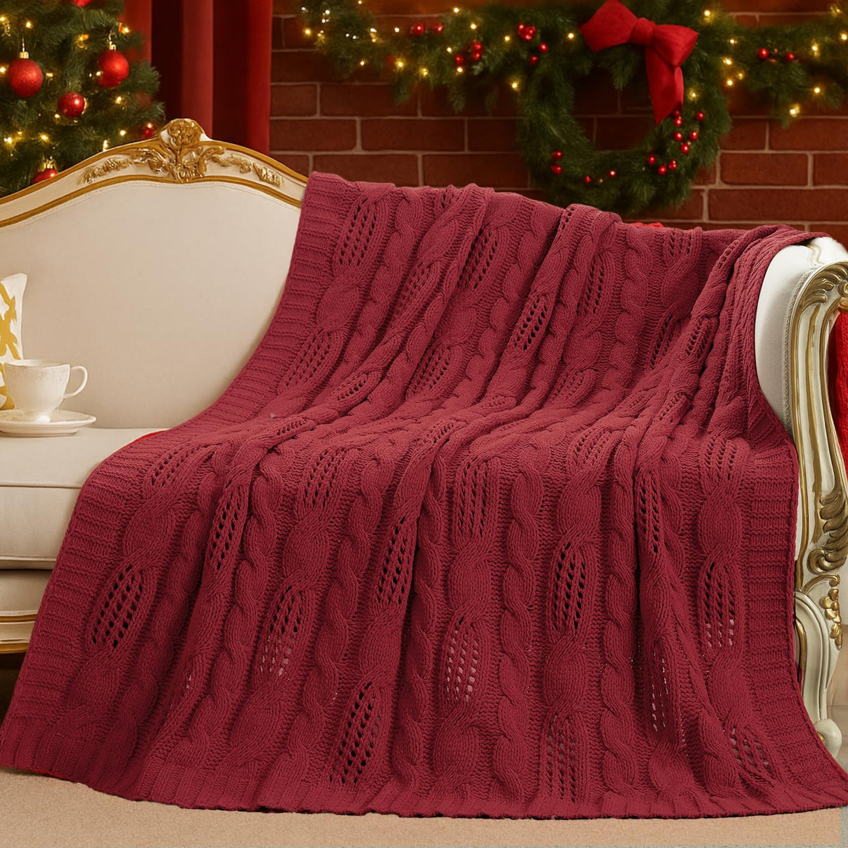 Amélie Home Chunky Knit Throw Blanket, Dual-Sided Soft Chenille Breathable Cable Knitted Blanket for Couch, Farmhouse Decorative Throw for Sofa & Chair, 50"x60", Christmas Red