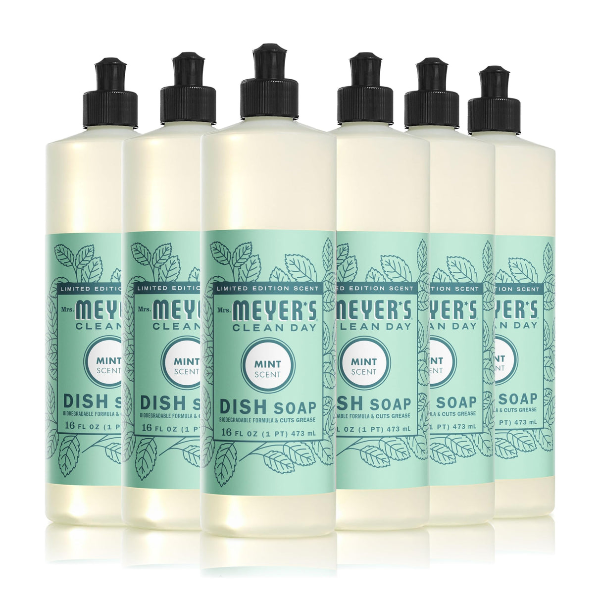 MRS. MEYER'S CLEAN DAY Liquid Dish Soap, Biodegradable Formula, Limited Edition Mint, 16 fl. oz - Pack of 6