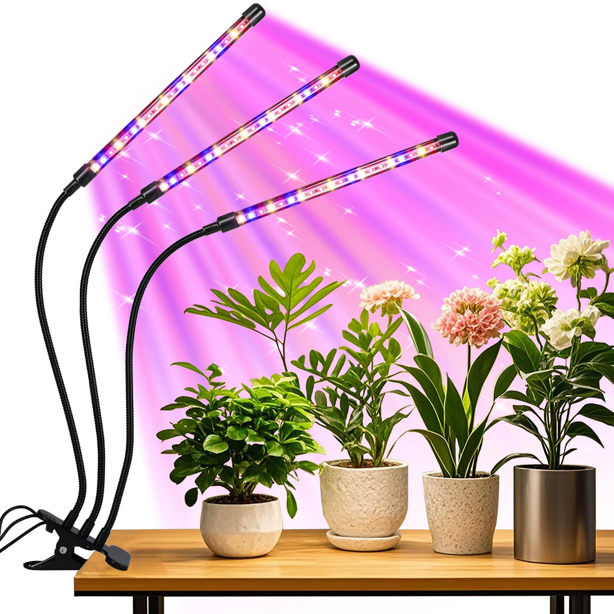 LED Plant Grow Light, Suitable for Indoor Plants, Full Spectrum Clip on Plant Growing Light with Red, Blue, Yellow Beads, 10 Brightness Levels, 3 Light Modes, 3/9/12H Auto Timer, 3 Head
