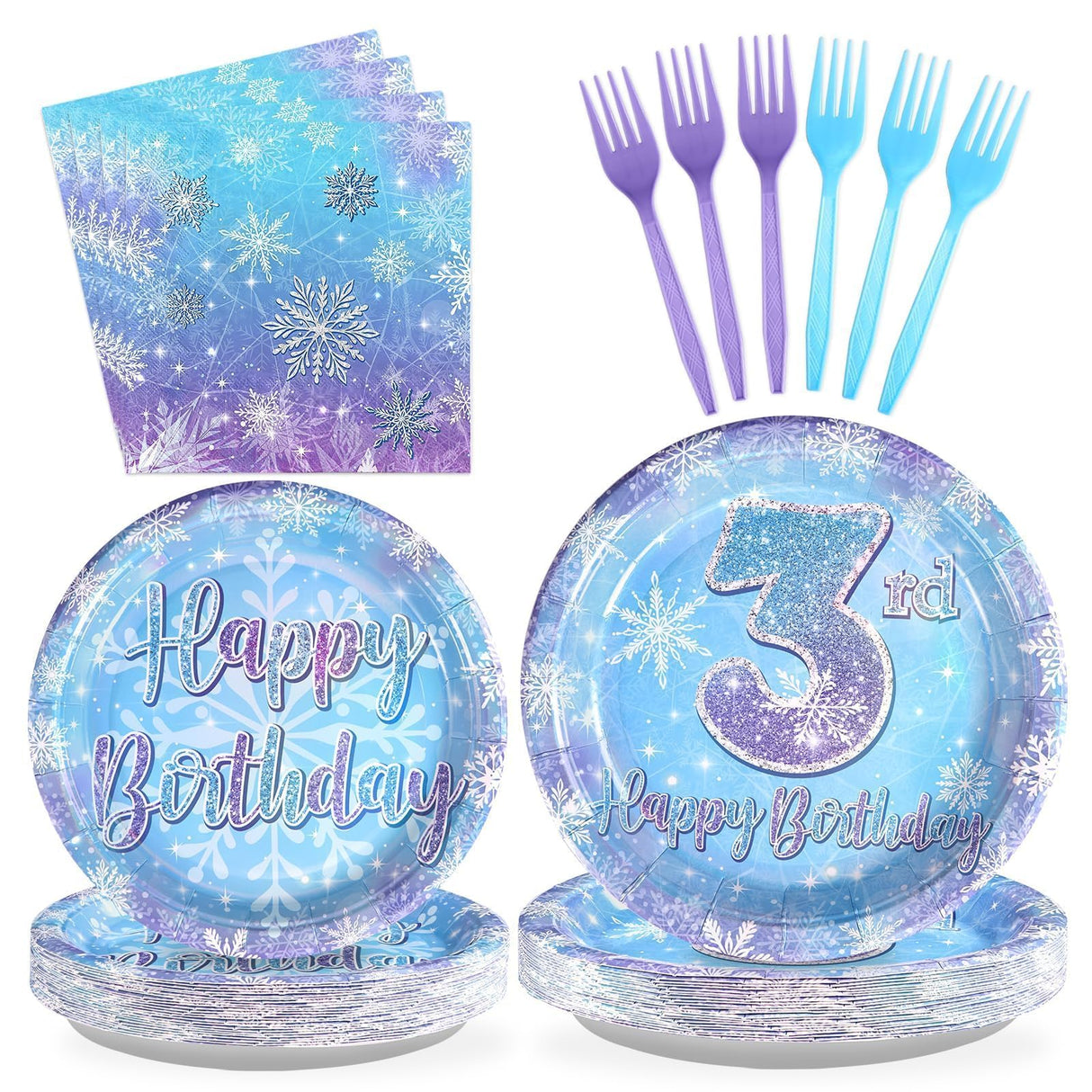 Grencian 96Pcs Frozen Party Supplies Plates Winter Onderland 3rd Birthday Plates Winter Snowflake Happy 3rd Birthday Tableware Disposable for Kids Girls Frozen Themed Party Christmas