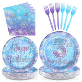 Grencian 96Pcs Frozen Party Supplies Plates Winter Onderland 3rd Birthday Plates Winter Snowflake Happy 3rd Birthday Tableware Disposable for Kids Girls Frozen Themed Party Christmas