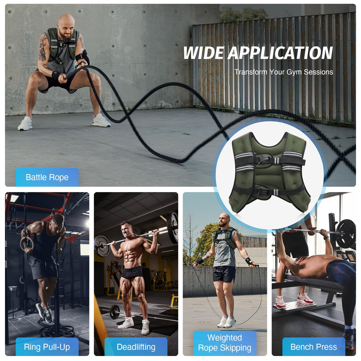 ZELUS Weighted Vest, 6lb/8lb/12lb/16lb/20lb/25lb/30lb Weight Vest with Reflective Stripe for Workout, Strength Training, Running, Fitness, Muscle Building, Weight Loss, Weightlifting, Green(16 lb)