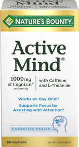 Nature's Bounty Active Mind Dietary Supplement, Supports Focus and Attention, 1000 mg Cognizin with L-Theanine and Caffeine Pills, 60 Caplets
