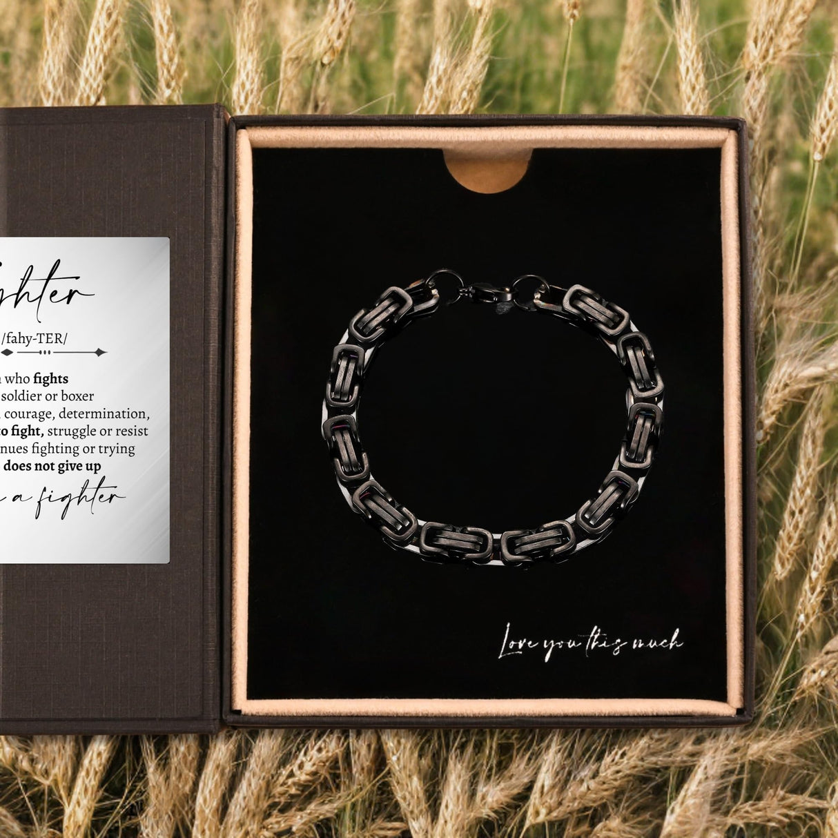 Love You This Much You Are a Fighter 5mm Twist Bracelet, Cancer Care Gifts for Men, Male Hospital Gift, Manly Get Well Gift for Him, For a Man in the Hospital, Luxury Box & Card (Black/Black)