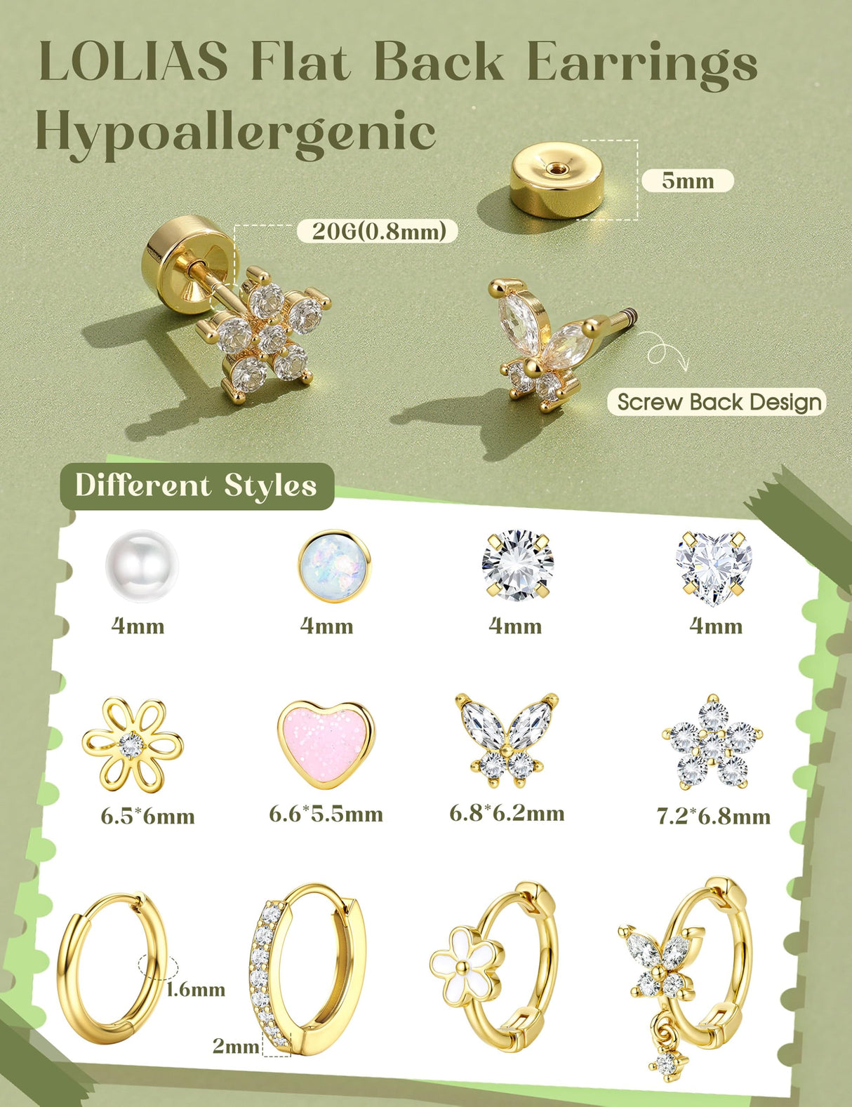 Hypoallergenic Flat Back Earrings for Women Girls Teen Kids Toddler Gold