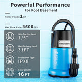FOTING Sump Pump 1HP Clean/Dirty Submersible Water Pump,4600GPH Utility Pump Thermoplastic Electric Portable Transfer Water Pump for Swimming Pool Pond Basement with 10ft Power Cord,Auto