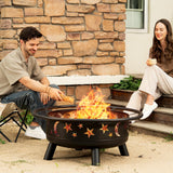 32 Inch Round Fire Pit with Mesh Cover, Fire Poker, Star and Moon Design, Metal Wood Burning Outdoor Firepit for Patio, Backyard, Garden, Bonfire Party,Perfect for Christmas, Thanksgiving, Halloween