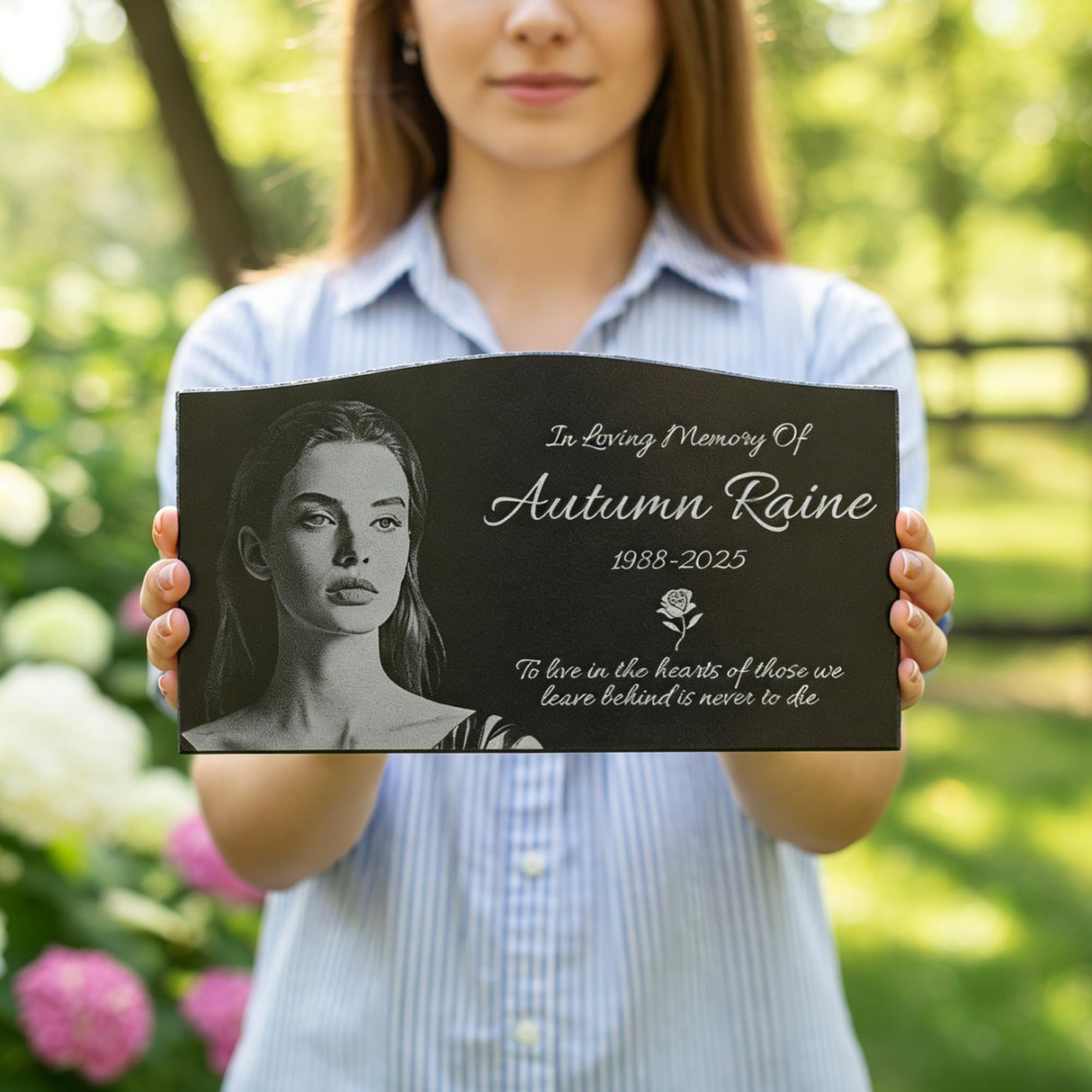 WANGYOU Personalized Granite Memorial Stone with Photo - Custom Headstones for Graves, Grave Markers for Cemetery for Humans & Pets, Laser Engraved Black Tombstone Outdoor Garden Plaque