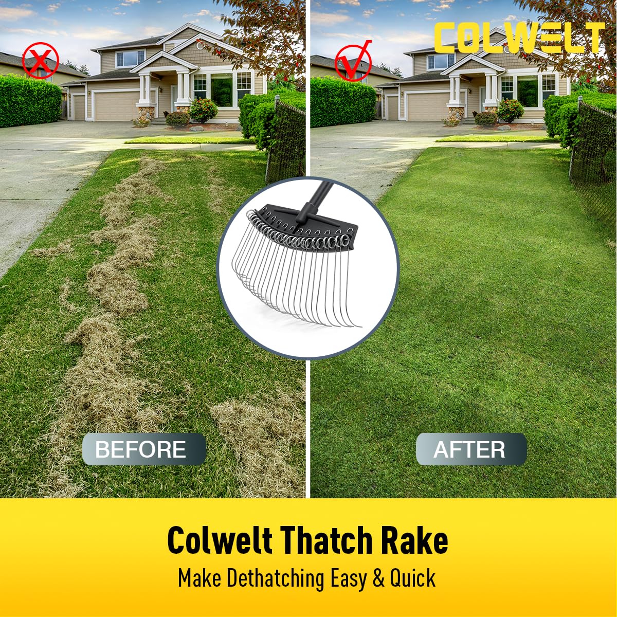 Colwelt Thatch Rake, Dethatcher Rake with Thin, Curved Spring Steel Tines, Dethatching Thatching Rake for Lawns with 61’’ Steel Handle, Lawn Tine Rakes for Pine Needles, Dead Grass, Garden Debris