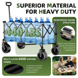 EAYNON 38" L Collapsible Foldable Extended Wagon,440lbs Weight Capacity with 220L Heavy Duty Folding Cart, Utility Wagon with Side Storage Pockets& Drink Holders,Black