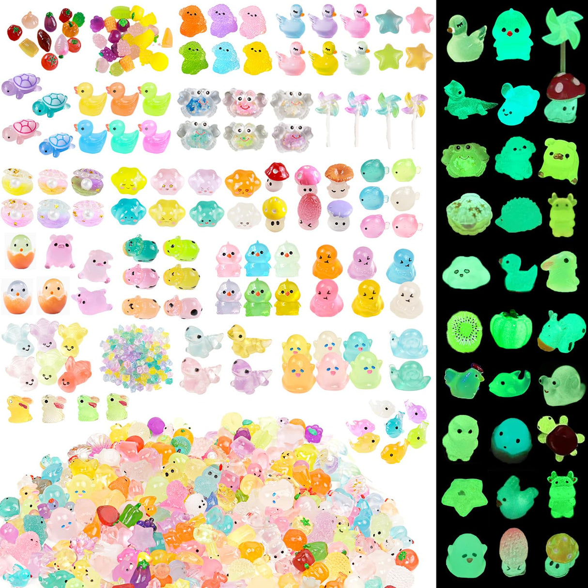 LJMBOEN 400pcs Luminous Mini Resin Animal in The Dark Tiny Miniature Figures Ornament Duck Frog Mushroom Owl Dog Rabbit Crab Dolphin Shell Fairy Garden Accessories Aquarium Landscape Bonsai Decor