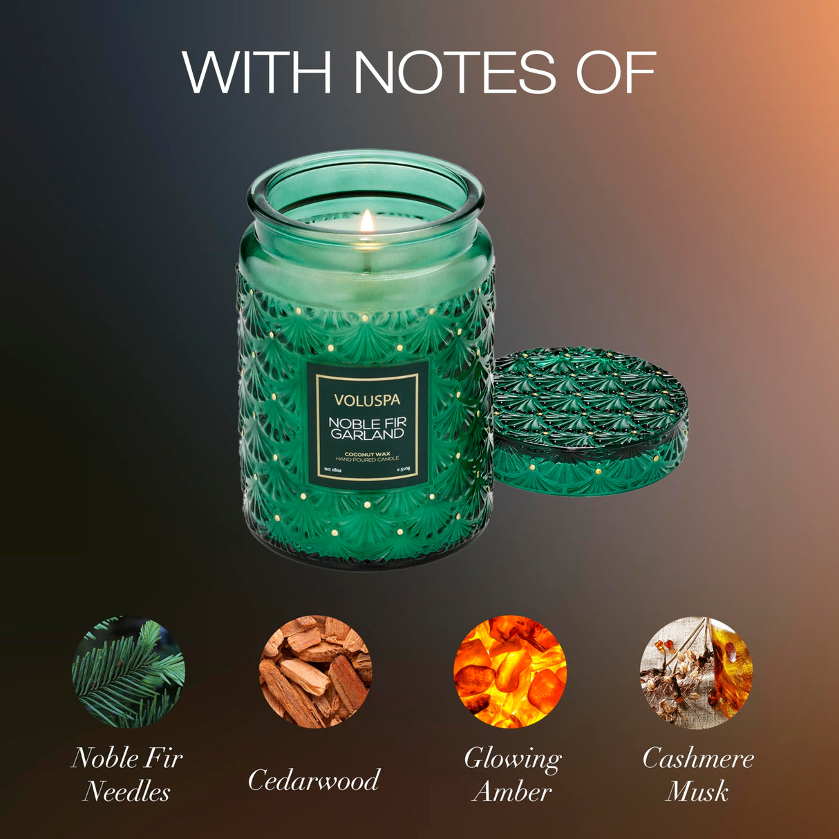 Voluspa Noble Fir Garland, Large Candle Jar, 18oz, Coconut Wax Blend, Christmas Scented Candles for Home, 100 Hour Burn Time, Poured in the USA