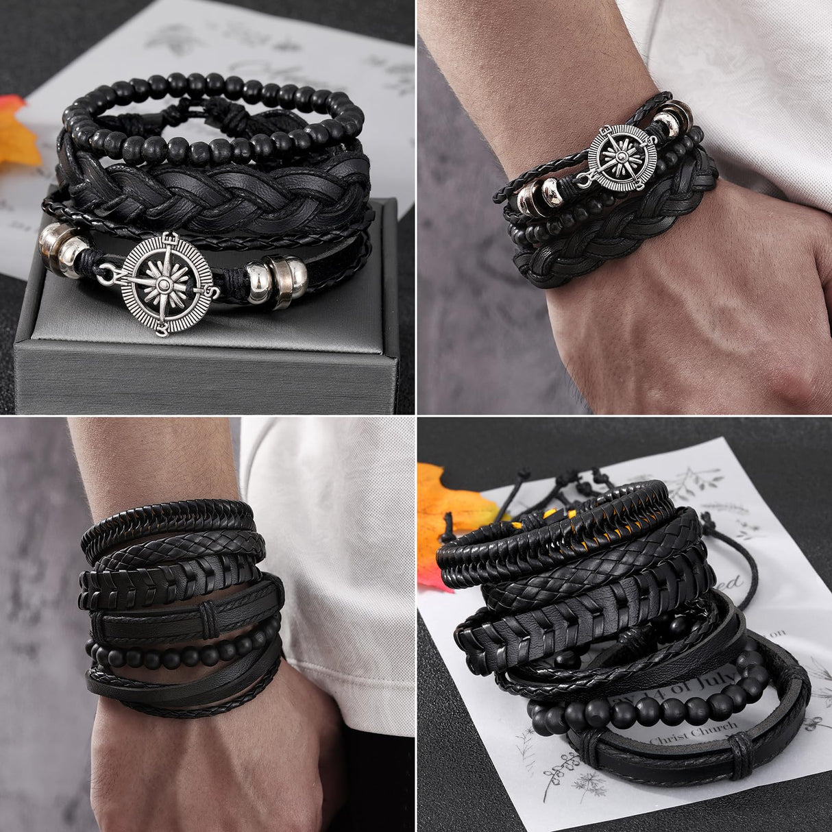 KISS WIFE PU Leather Bracelets for Men, Punk Skull Braided Bracelet Se