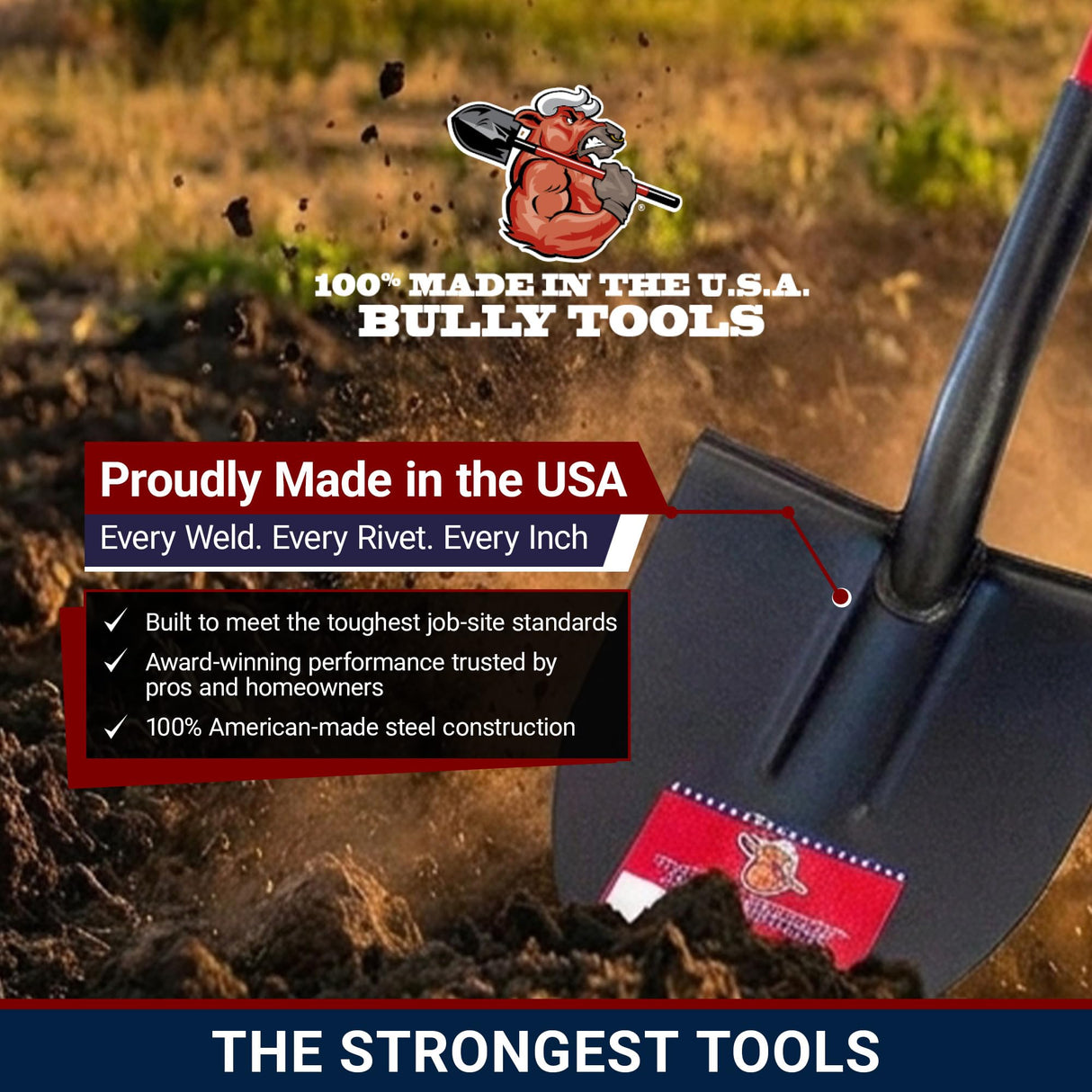 Bully Tools 12-Gauge Round Point Gardening Shovel | Heavy Duty Fiberglass Long Handle | Spade Shovels for Digging, Trenching and Planting | Steel Body Gardening Hand Tools, 100% Made in USA