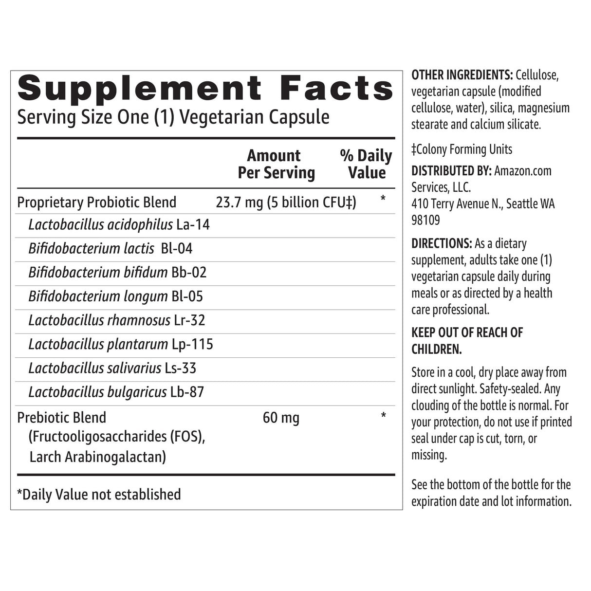 Amazon Basics Probiotic 5 Billion CFU, 8 Probiotic strains with 60 mg Prebiotic Blend, 60 Count Vegetarian Capsules, 2 Month Supply, Supports Healthy Digestion (Previously Solimo) (Pack of 2)