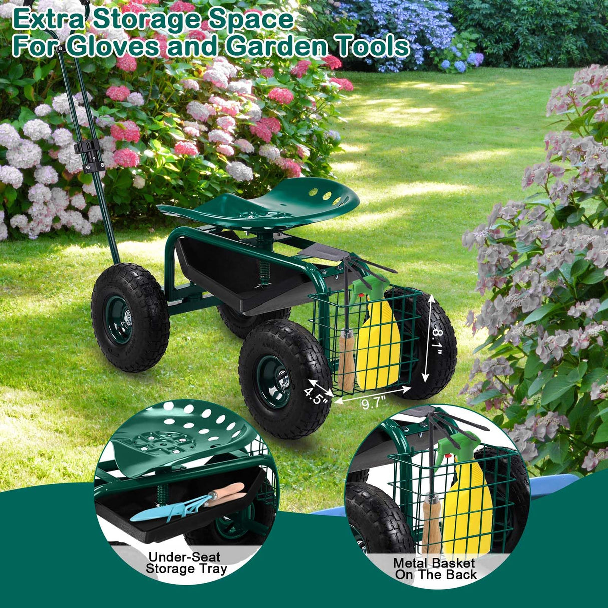 VINGLI Garden Cart with Rolling Seat, Wheels, Adjustable Steering Handle & Utility Tool Tray, Planting Wagon Scooter, Gardening Tool for Senior, for Patio, Backyard, Lawn & Outdoor (Green)