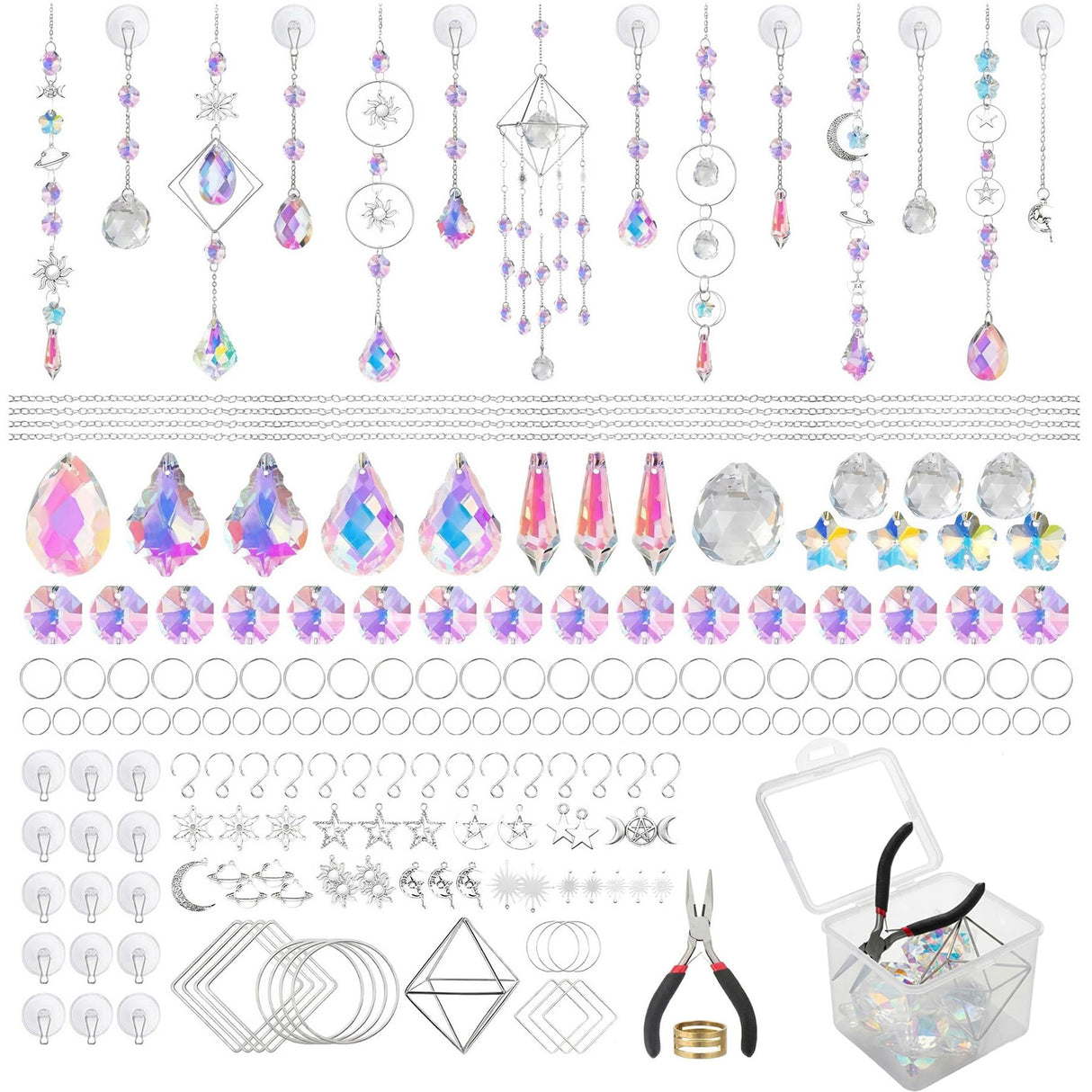 Suncatcher Kit for Adults, DIY Crystal Suncatcher Making Kit with Prism Beads, Includes 15 Strong Adhesive Hooks for Easy Hanging, 380PCS to Make 15 Suncatchers, Home Decor Gift