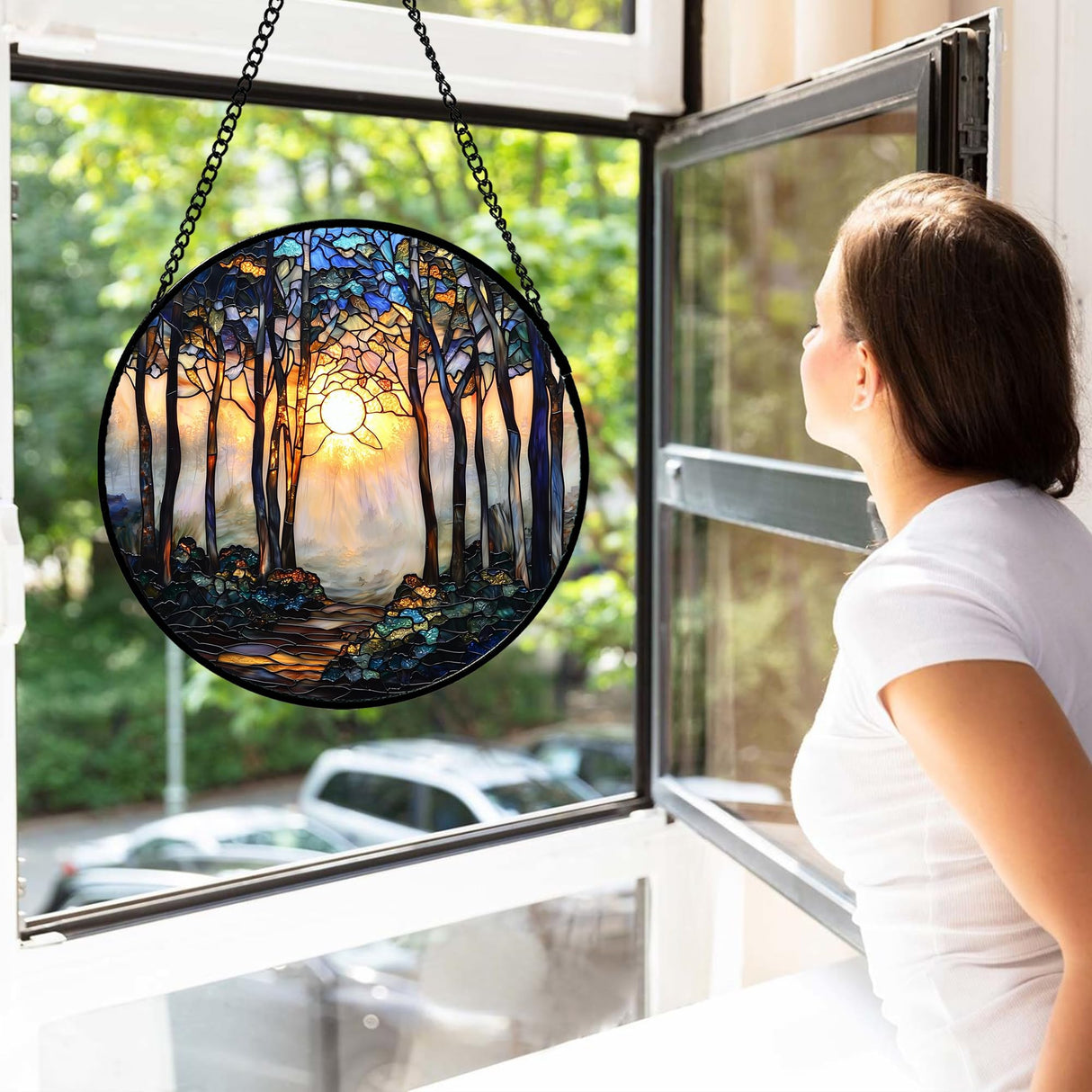 DASTOLL Stained Glass Window Hanging, Forest Sunrise Smoke Blue Brown Tree Suncatcher for Doors Window Home Landscape Sun Catchers Decor Mother's Day Birthday Gifts for Women, Men Mom 6.3 in
