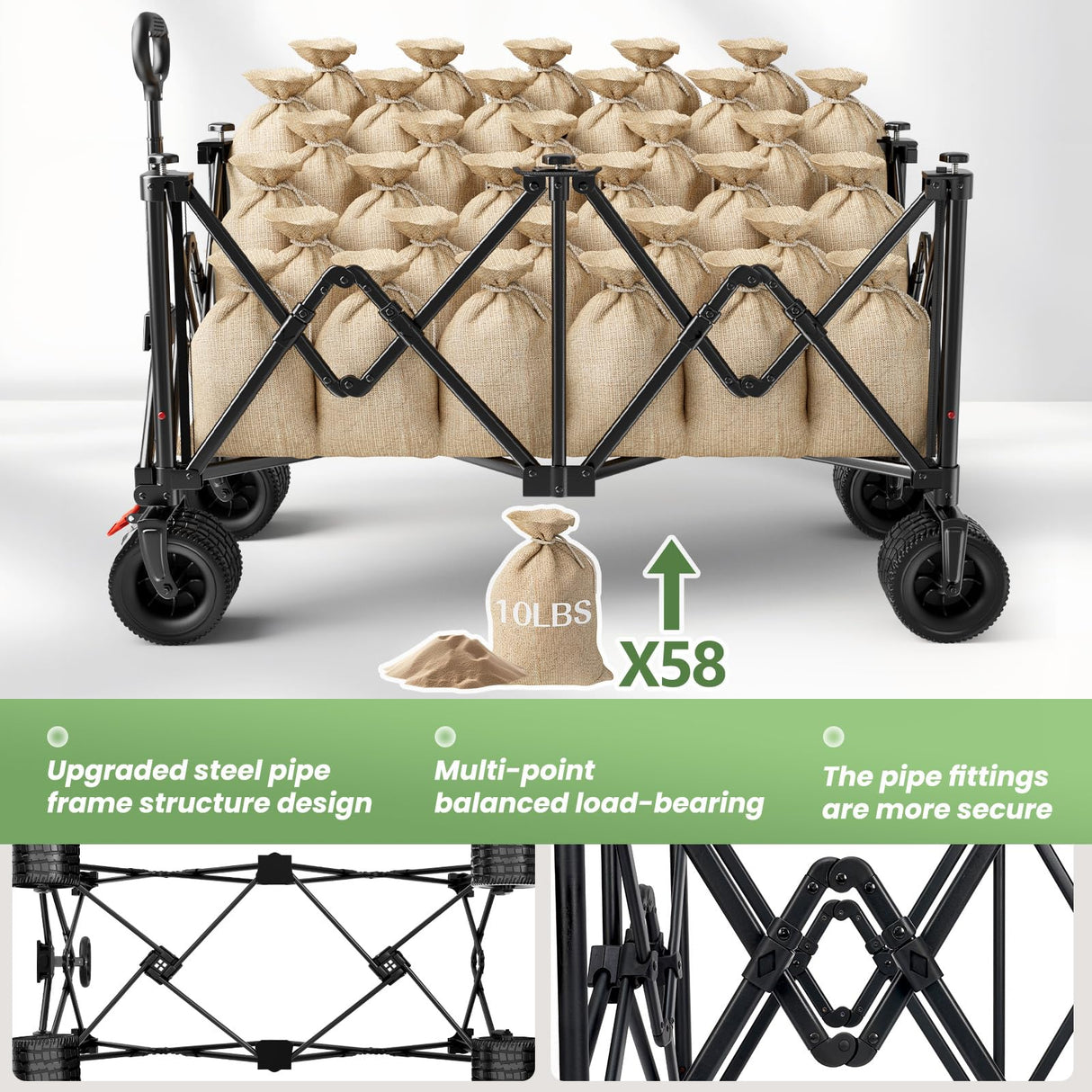 Beach Wagon Carts Foldable 580LBS Collapsible Wagon with Big All-Terrain Wheels for Sand 340L Heavy Duty Utility Carts with Cup Holders for Garden, Camping, Grocery, Black