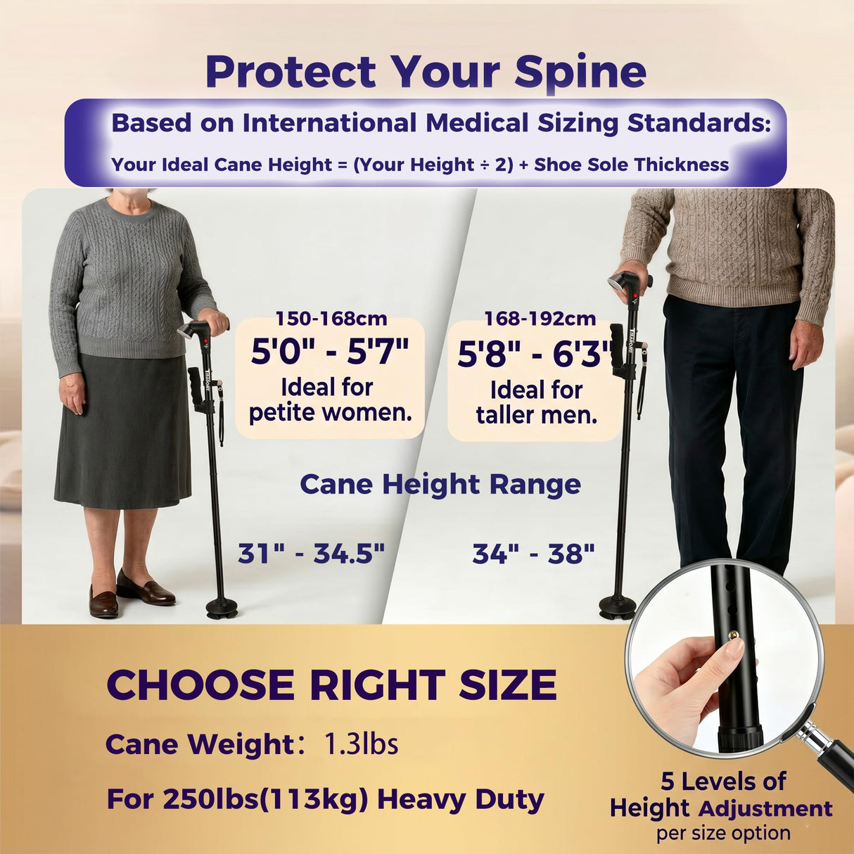 Walking Cane for Men & Women, 3-in-1 Folding Cane with Alarm and Light, Adjustable, Collapsible Walking Stick for Seniors and Adults Balance with a Second Handle