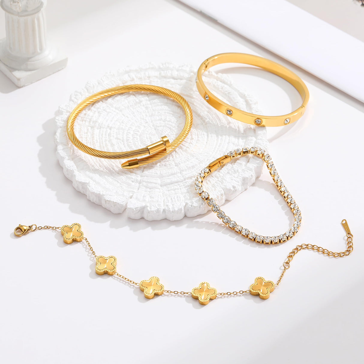 Jzrow 18K Gold Plated Bangle Bracelets Stack for Women,Four Leaf Clover Stackable Bracelets Non Tarnish,4 Pcs Jewelry sets Gifts (Gold)