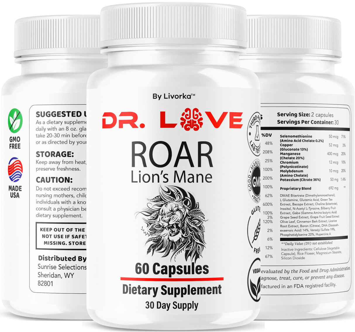 (2 Pack) Dr. Love Roar Lions Mane Supplement Capsules, Dr. Love Roar Lion’s Mane Plus Brain and Focus Premium Advanced Formula, Doctor Love All Natural Support Pills, 120 Capsules for 2 Months