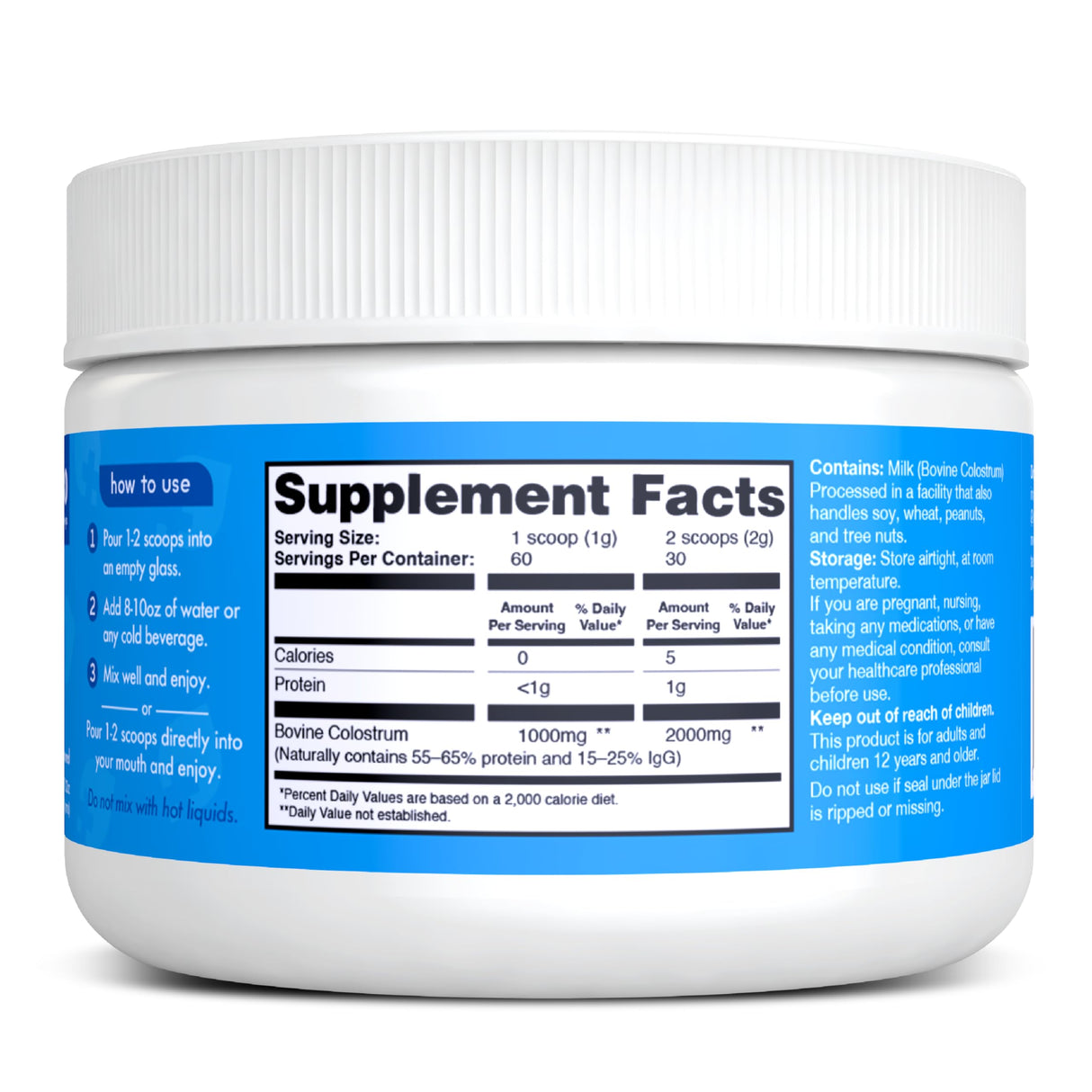 Zena Nutrition Bovine Colostrum Powder Supplement, 2000mg Pure Colostrum, Supports Immune and Digestive Health, Promotes Gut Health, Keto, Gluten Free, Fat Free, Grass Fed, Unflavored, 30 Servings