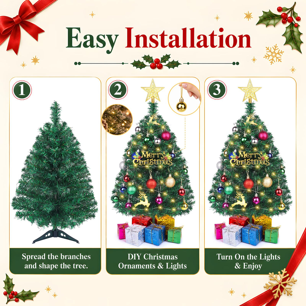 Small Mini Christmas Tree with Lights, 2 Ft Little Table Top Christmas Tree